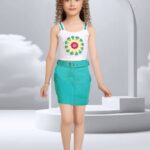 Girls' White Embroidered Crop Top and Teal Skirt Set with Matching Belt