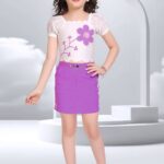 Purple Mini Skirt and White Scalloped Crop Top with Purple Flower Embroidery