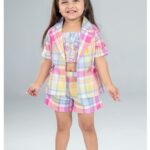 Girls’ Pastel Plaid 3-Piece Outfit Set: Blazer, Crop Top & Shorts