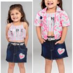 Girls’ 3pc Set: Pink & Blue Stripe 'Shine' Top, Printed Shrug, and Denim Skirt