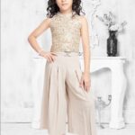 Chic Girls' Beige Indo-Western Outfit with Embroidered Halter Top & Pleated Plazo