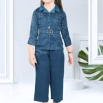 Girls' Teal Metallic Textured Belted Top and Wide-Leg Pant Set