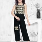 Girls' Black Embroidered One-Piece Jumpsuit