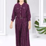 Girls' Wine Purple Striped Palazzo Set – Button-Up Shirt with Wide Leg Pleated Pants