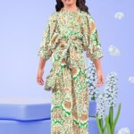 Girls' Green and Gold Ethnic Palazzo Set with Voluminous Statement Sleeves