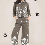 Girls' Dark Grey Embroidered Button-Up Shirt and Wide-Leg Palazzo Set