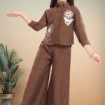 Girls' Chocolate Brown Embroidered Shirt and Wide-Leg Palazzo