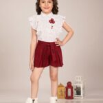 Girls' Boutique White Broderie Anglaise Top with Red Floral Brooch and Belted Cuffed Shorts Pair