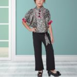 Charming Girls' 2-Piece Fusion Outfit – Black & White Block Print Top with Flared Pants Set
