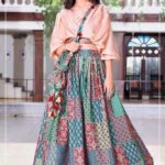 Charming Girls' Indo-Western Fusion Lehanga – Peach Crop Top & Multi-Color Skirt Set