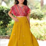 Girls’ Mustard Yellow Indo-Western Lehenga Set with Red Bandhani Print Crop Top (2-Piece)