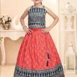Girls' Red and Teal Block Print Lehenga Choli Set