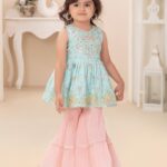 Girls' Light Sky Blue Embroidered Tunic and Peach-Pink Tiered Sharara Set
