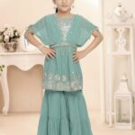 Charming Girls' Indo-Western Fusion Set – Sea Green Cape Top & Tiered Sharara