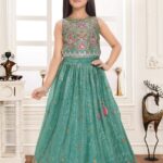 Girls' Teal Green Heavily Embroidered Crop Top and Lehenga Set (2-Piece)