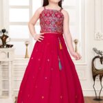 Girls' Maroon Resham Embroidered Lehenga Choli Set with Mirror Work Accents (2-Piece)