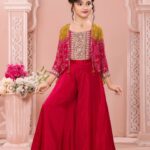 Girls' Rani Pink Bandhani Print Crop Top with Shrug and Palazzo Set
