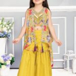 Charming Girls' 3-Piece Fusion Outfit – Mustard Sharara, Striped Top, and Vibrant Floral Shrug