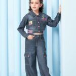 Girls’ Dark Blue Cropped Denim Jacket and Cargo Pants Matching Set