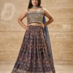 Charming Girls' Indo-Western Fusion Set – Navy Lehenga with Gold Brocade and Floral Kalamkari Print