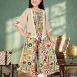 Girls' Multi-Color Abstract Print Indo-Western Set – Crop Top, Palazzo & Shrug