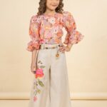 Girls' Pink Floral Puff Sleeve Crop Top and Wide-Leg Linen Pants Co-ord Set