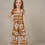 Girls' Light Brown Floral Co-ord Set with Matching Mini Crossbody Bag