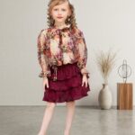 Girls' Floral Balloon Sleeve Blouse and Maroon Pleated Tiered Skirt 2-Piece Set