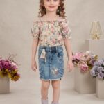 Girls' Floral Cold Shoulder Top and Unicorn Denim Skirt Set (2-Piece)