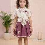 Charming Girls' 2-Piece Outfit – Floral Tie-Front Linen Top & Wine Pleated Skirt