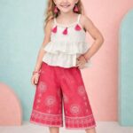 Girls' Boutique Festive Set: Cream Ruffle Top with Tassels and Pink Embroidered Palazzo