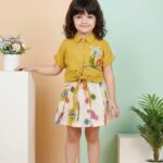 Girls' Mustard Yellow Linen Tie-Front Shirt and Abstract Print Skirt 2-Piece Set