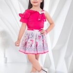 Girls' Fuchsia Pink One-Shoulder Ruffle Top and Floral Scenery Pleated Skirt Set