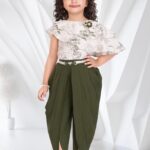 Charming Girls' Olive Green Dhoti and Flared Tunic Set with Metal Belt