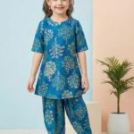 Girls' Royal Blue Tree Print Kurta and Harem Dhoti Pants 2-Piece Set