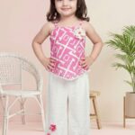 Girls' Pink Geometric Top and Off-White Crinkle Palazzo 2-Piece Set