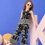 Girls' Black and White Geometric Ikat Print Peplum Top & Wide-Leg PalazzPants 2-Piece Co-ord Set