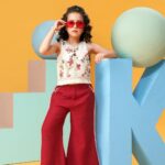 Girls' Ivory Floral Embroidered Crop Top and Deep Red Crinkle-Textured Palazzo 2-Piece Co-ord Set