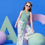 Girls' Boutique Teal-Mint Top with Large Bow and Dainty Floral Print Palazzo 2-Piece Outfit