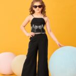 Girls' Black Palm Tree Embroidered Top and Wide-Leg Palazzo 2-Piece Co-ord Set