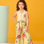 Charming Girls' 2-Piece Festive Outfit – Cream Halter Top & Peony Print Palazzo