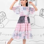 Girls' Pink and Grey Multi-Pattern Midi Dress with Ruffle Butterfly Sleeves