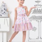 Girls' White Polka Dot Smocked Dress with Rainbow Striped Hem and Waist Bow
