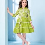 Girls' Lime Green Tiered Frock with Floral Embroidery and Tassel Drawstring