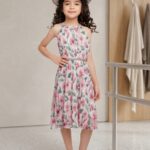 Girls' Pink Floral Halter Neck Dress with Matching Sun Hat – 2-Piece Set