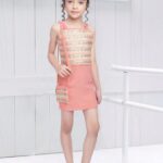 Girls' Peach Sleeveless Dress with Geometric Embroidered Bodice and Matching Purse