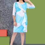 Girls' Sky Blue and White Abstract Print Draped Party Dress with Crystal Brooch
