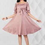 Elegant Girls' Mauve Satin-Finish Party Dress – Ruched Bodice & Ruffle Sleeves