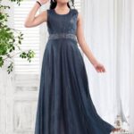 Girls' Navy Blue Shimmer Gown with Crystal Belt and Pleated Bodice