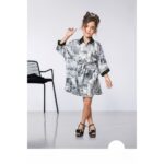 Girls' Stylish Black and White Architecture Print Dress with Batwing Sleeves